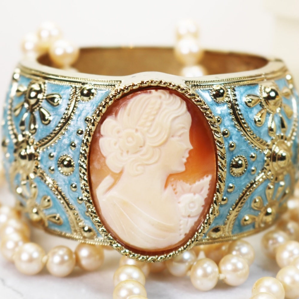 Amedeo Hand Carved Cameo Satin Blue Cuff Bracelet